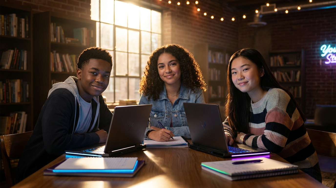 AI-generated image of a crew of students studying together