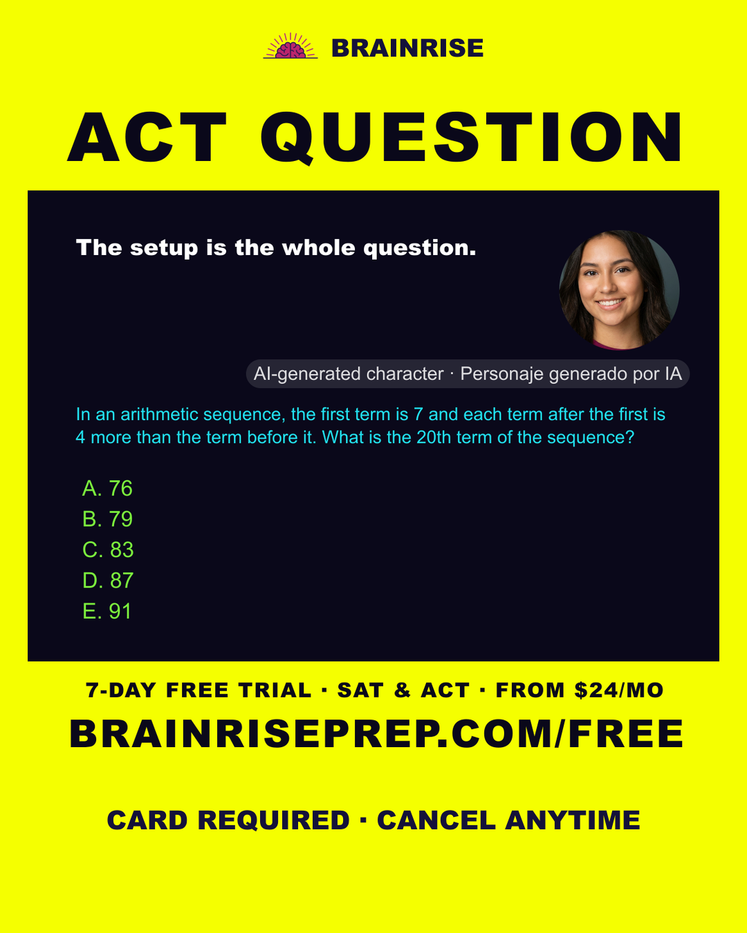 Brainrise 'ACT Question' card with the tip 'The setup is the whole question.' and the question about an arithmetic sequence with first term 7 and common difference 4, answer choices A. 76, B. 79, C. 83, D. 87, E. 91. A small portrait is labelled 'AI-generated character'; it is not a real person.